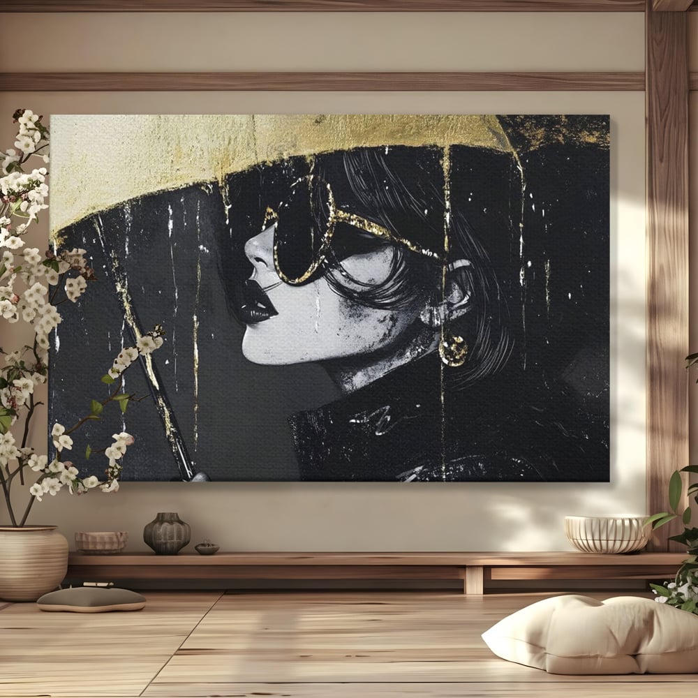 Tablou canvas cu tablou canvas cu femeie in ploaie stilizata, fara rama, pe sasiu de lemn